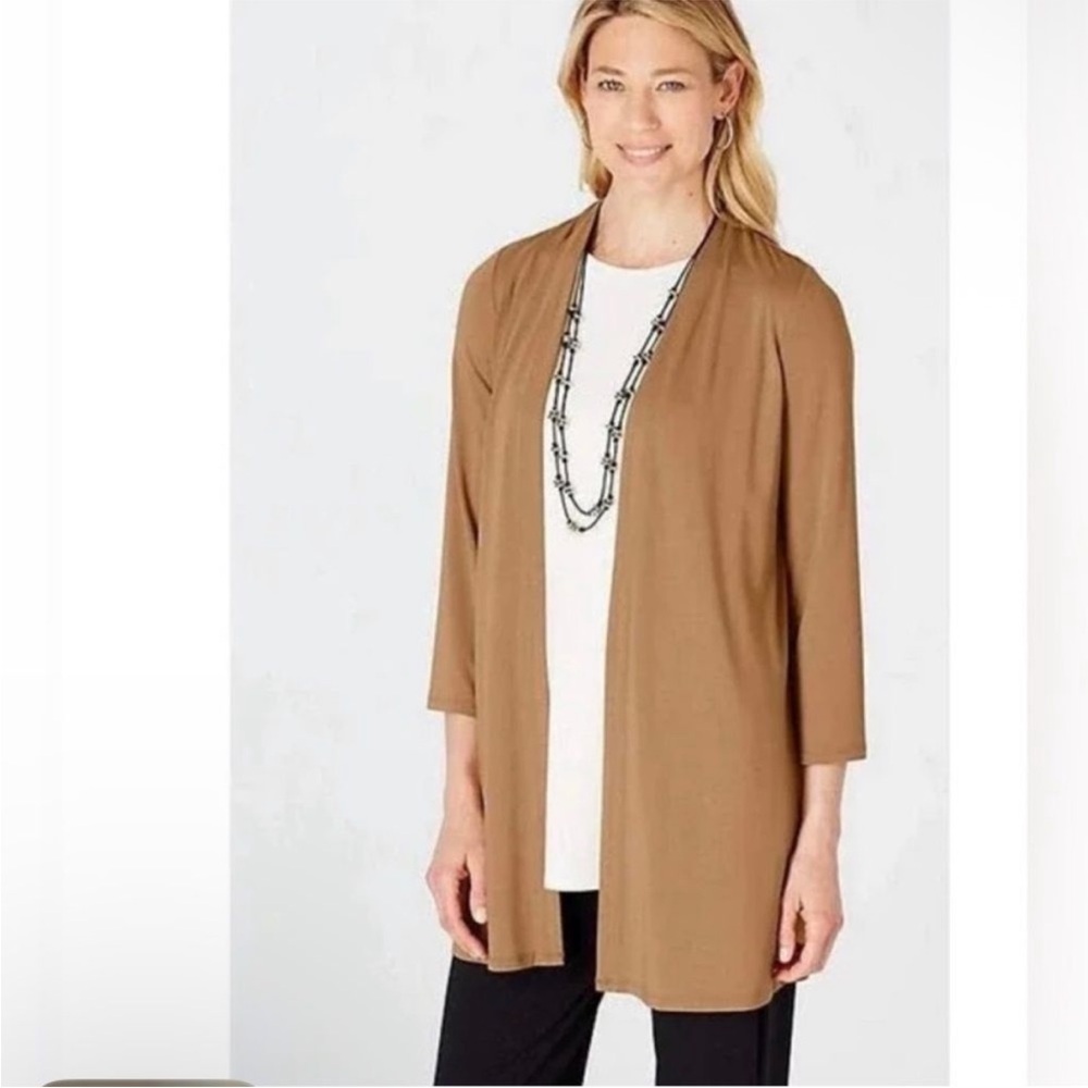 J Jill Wearever Tan Open Front Longline Cardigan Lagenlook Comfort Layer